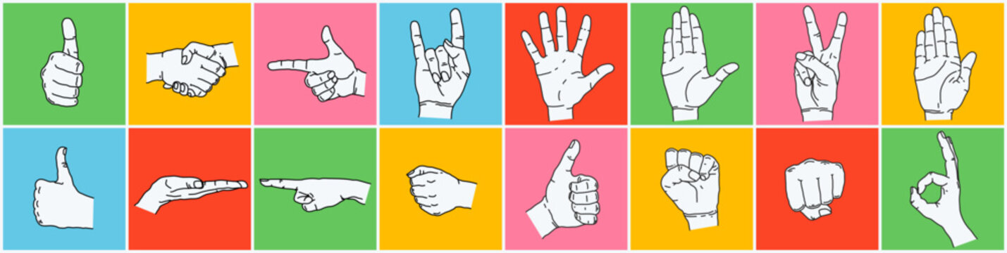 Vector set of linear human hands in different poses, show different gestures.