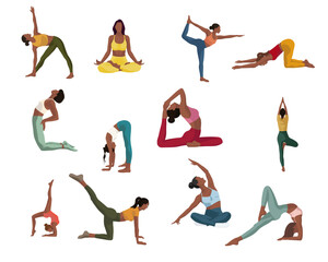 set of 12 black girls doing fitness yoga sport in different poses and clothes on white background for apps webs banners