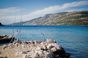 Fishing rods in the Adriatic Sea on the island of Korcula in southern Croatia.