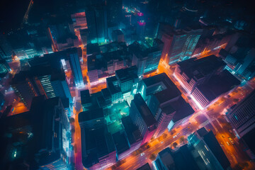 Large night city with street intersections illuminated by neon light, view from above. Generative AI