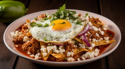 Mexican traditional chilaquiles breakfast.  Created with Generative AI technology