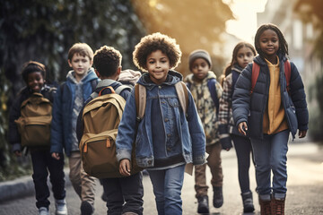 Group of children of different races walking on their way to school on a sunny morning. Generative AI