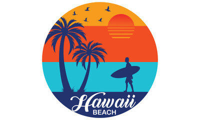 Fototapeta na wymiar Hawaii Beach T-shirt Design Vector Illustration and apparel vector design, print, typography, poster, emblem with palm trees. With Surfing Man, Vector Print Design Artwork