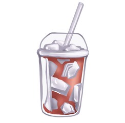 Drink with ice in a plastic glass with a straw