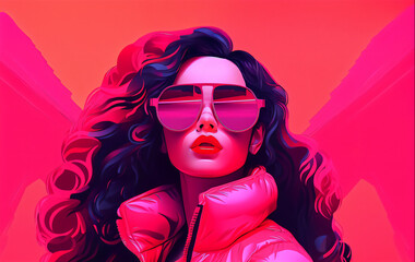 Candycore style bright pink portrait of a cool brunette lady wearing sunglasses and an 80s style coat. Generative AI.
