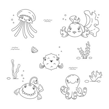 sea life set, doodle, coloring book, coloring page