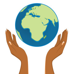 Vector illustration of happy earth day concept. Female hands holding ethereal globe planet