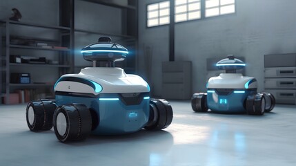 Obraz premium Advanced autonomous robots working seamlessly in a smart factory, leveraging AI and machine learning for efficient warehouse automation and assistive robotics. Optimizing operations. Generative AI