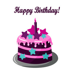 Birthday cake with candle and stars on white bakground. Copy space. Cartoon vector illustration for greeting card, print, poster.