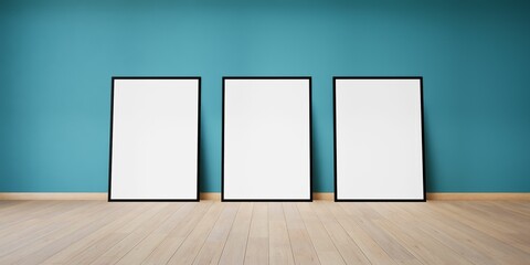 trois cadres vides, blanc avec encadrement noir, posés contre un mur bleu canard, illustration pour incrustation ou présentation graphique, rendu 3d