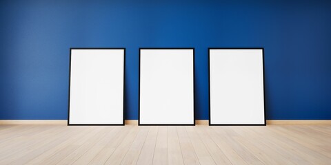 trois cadres vides, blanc avec encadrement noir, posés contre un mur bleu, illustration pour incrustation ou présentation graphique, rendu 3d