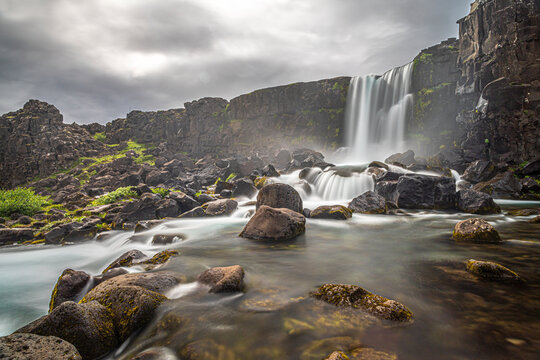 Time-lapse picture of the mesmerizing Oxararfoss waterfall, Thingvellir national park, Iceland.