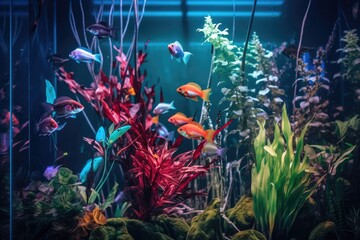 Fototapeta na wymiar Beautiful aquarium with many fishes of different colors and seaweeds aquatic environment Generative AI Illustration