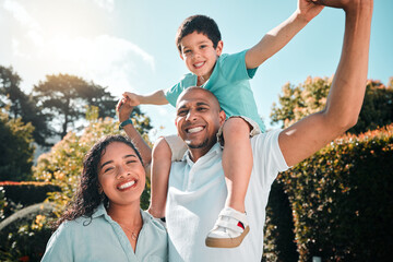 Mother, father and child portrait outdoor as family at nature park with a smile, love and care. Man, woman and boy kid with parents together for security, playing and quality time with happiness © Clayton Daniels/peopleimages.com