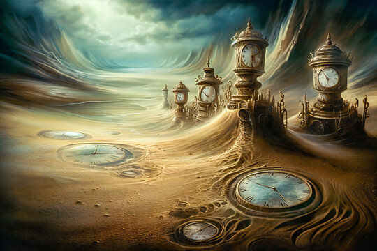 Old clocks on desert dunes at sunset. Surreal time metaphor composition. Time related concept. Created with Generative AI technology.