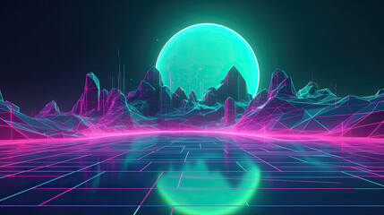 Virtual workd landscape with lines and neon lights. Generative AI