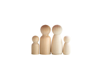 Wooden dolls depicting father, mother, son and daughter on transparent background. Family concept.
