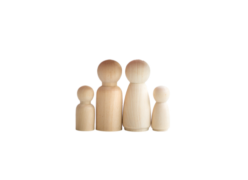 Wooden dolls depicting father, mother, son and daughter on transparent background. Family concept.