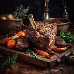 roasted lamb on wooden platter - Generated by Generative AI