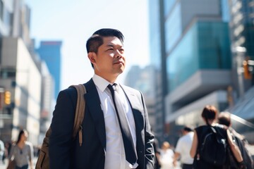 Portrait of a young businessman walking in the city, asian. Generative AI