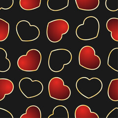 Red hearts vector seamless pattern. Volumetric gradient hearts with gold frames on black background. Best for web, polygraphy, print and St. Valentine's Day decoration.