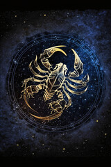 Starry night sky with a golden Scorpio zodiac sign glistens in the dark.