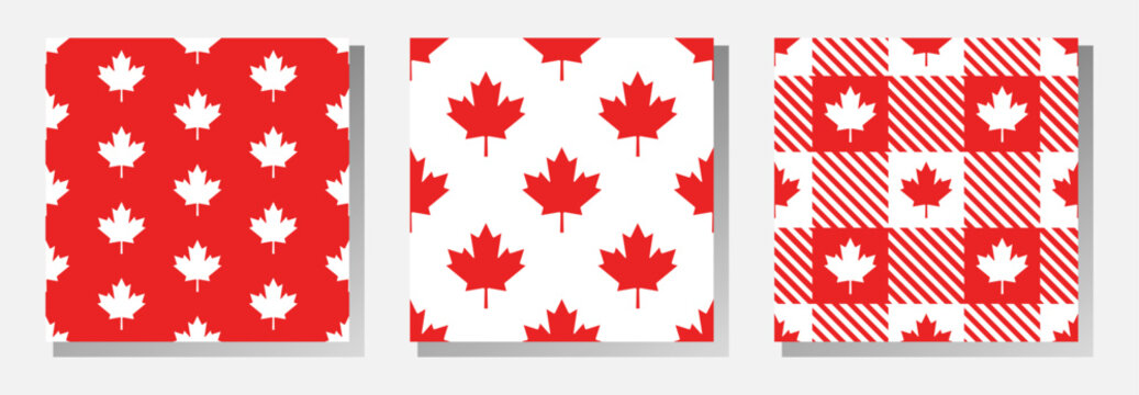 Canadian vector seamless patterns collection. Red maple leaves and stripes on white background. Best for textile, wallpapers, decoration, wrapping paper, package and web design.