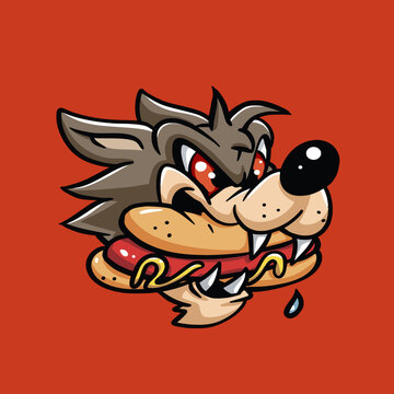Hungry coyote eating hot dog cartoon vector illustration