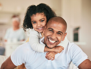 Home portrait, father and kid hug dad, papa or parents for fathers day time together on vacation...