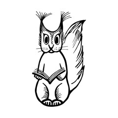 Black and white illustration of a squirrel with a book. A squirrel character is reading a book. Smart animal.