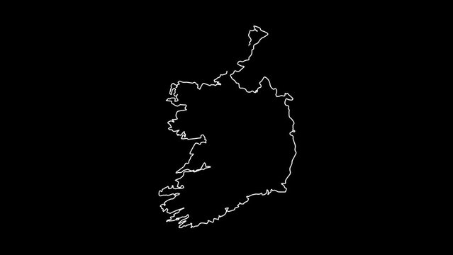 Ireland map animation line. White line drawing on a black background.