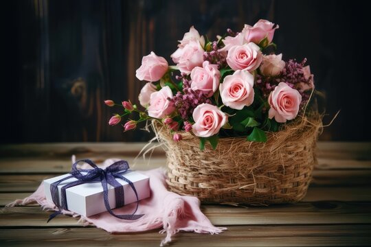 Handmade rustic Mother's Day bouquet with pink roses and gift. Photo generative AI