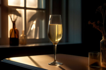 A glass of sparkling wine, champagne, is on the table in the room, backlit. Generative AI.
