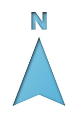 light blue paper cut north arrow shape isolated on transparent background