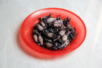 close up black squid boiled on a red plate with a white background