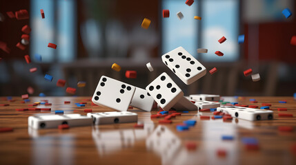 Falling dominos is a chain reaction game where strategically placed tiles topple over in a sequence, creating a visually impressive display - AI-Generated 