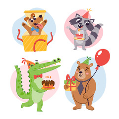 Birthday animal set. Cartoon cute animals with gifts, balloons, and birthday cake. Colorful stickers, isolated on white background. A dog, a raccoon, a crocodile, and a bear.