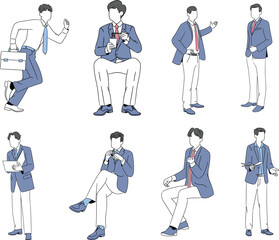 Businessman in various poses. Hand drawn vector illustration in sketch style.