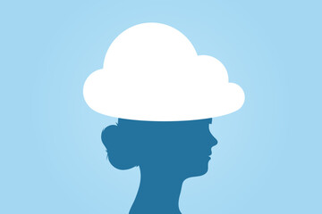 Vector of woman head in the clouds silhouette - daydreaming idiom - obrazy, fototapety, plakaty