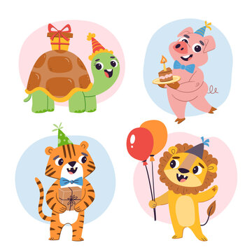 Birthday animal set. Cartoon cute animals with gifts, balloons, and birthday cake. Colorful stickers, isolated on white background. A turtle, a pig, a tiger and a lion.