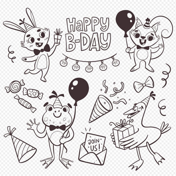 Birthday animals and celebration elements. Four cute animals with gifts and balloons. A rabbit, a frog, a squirrel, and a duck. Cartoon style. Isolated elements. Outlined illustration.
