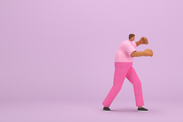 Fototapeta na wymiar The black man with pink clothes. He is doing exercise. 3d rendering of cartoon character in acting.
