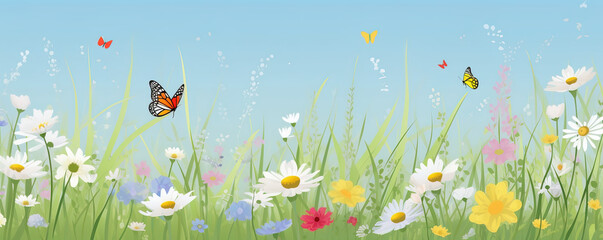 Fototapeta na wymiar Frühlings Blumenwiese Hintergrund Banner Illustration mit Schmetterlinge (Generative AI)