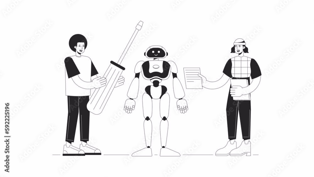 Poster building humanoid robot bw animation. animated robotics engineers 2d flat monochromatic thin line ch