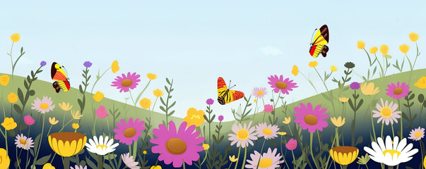 Fototapeta na wymiar Frühlings Blumenwiese Hintergrund Banner Illustration mit Schmetterlinge (Generative AI)