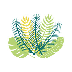 Tropical palm tree leaves, fronds bouquet, composition. Cartoon style flat design, isolated vector. Summer print, seasonal element, holidays, vacations, beach, jungle flora, exotic foliage