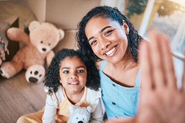 Selfie, face portrait and happy family mother, mom or parents relax with daughter, playing and...