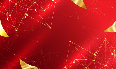 Abstract geometric background with triangular cells. Abstract polygonal space low poly red background with connecting dots and lines. Gold Molecule and lines communication background. Vector EPS10.