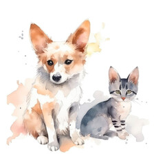 Kitten and puppy on a colored background. Watercolor. Illustration. Template. Toys..Created with generative AI