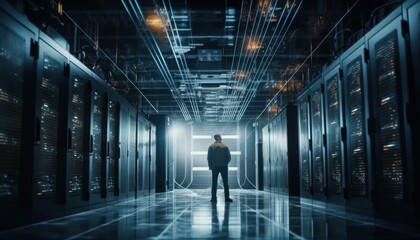 Engineer looking at the server racks in the server room